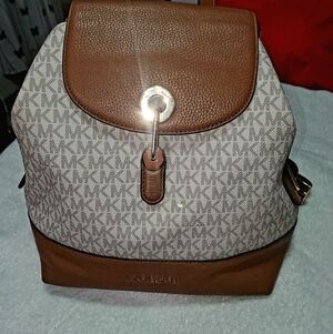 Michael Kors Brown and Beige Logo Canvas Drawstring Backpack with Leather Trim